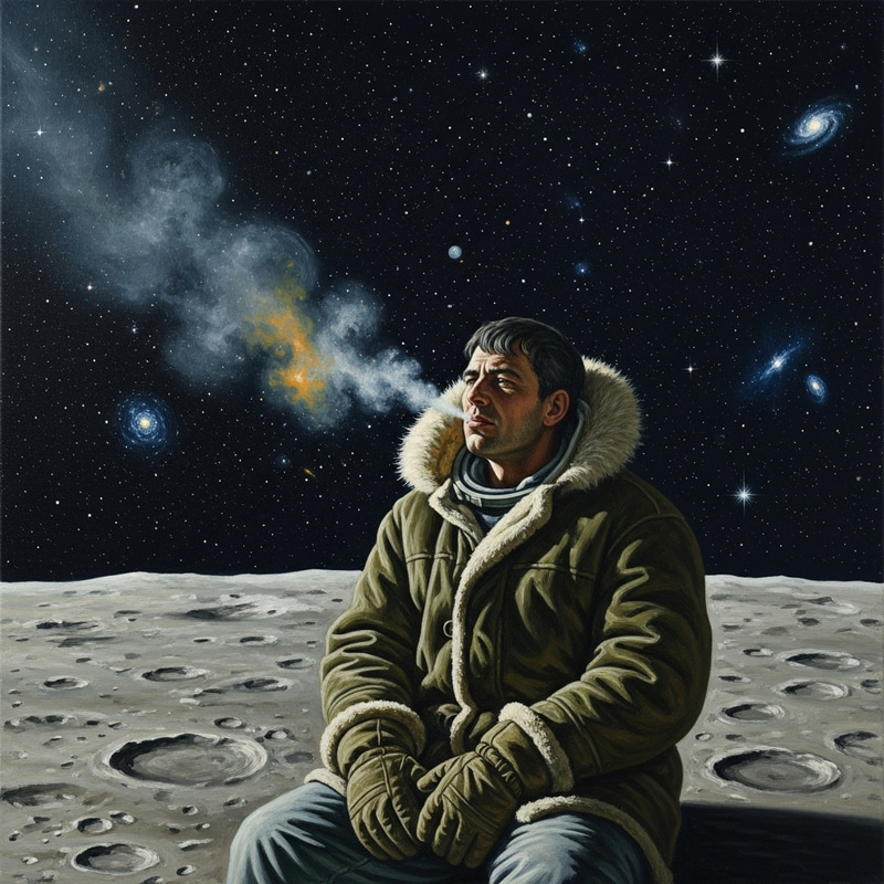 Russian Man in Pea Jacket Smoking on Moon in Space Russian Man in Pea Jacket Smoking on Moon in Space