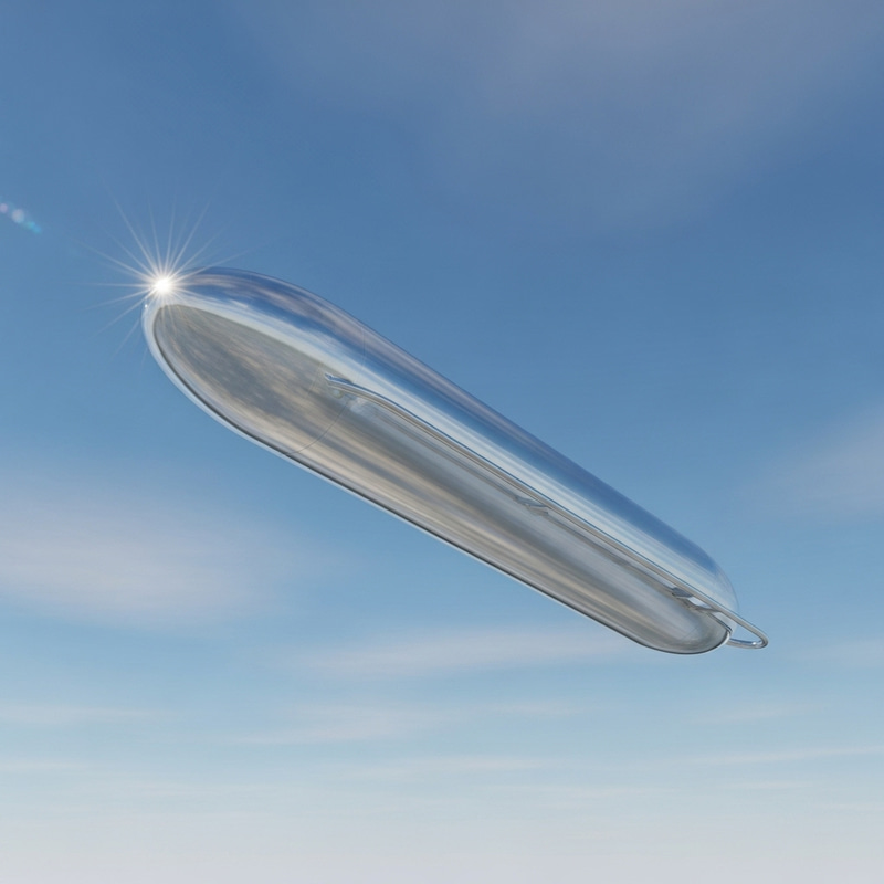 Mysterious Silvery Cigar-Shaped UFO Gliding in Clear Blue Sky