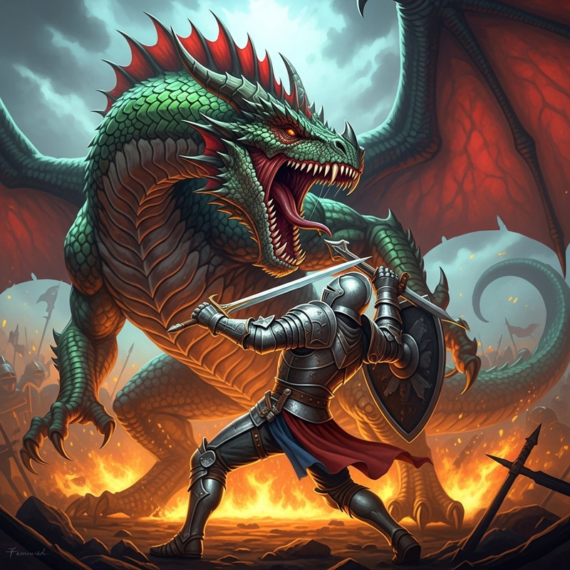 Fearsome Dragon Devouring Knight in Epic Fantasy Battle Fearsome Dragon Devouring Knight in Epic Fantasy Battle