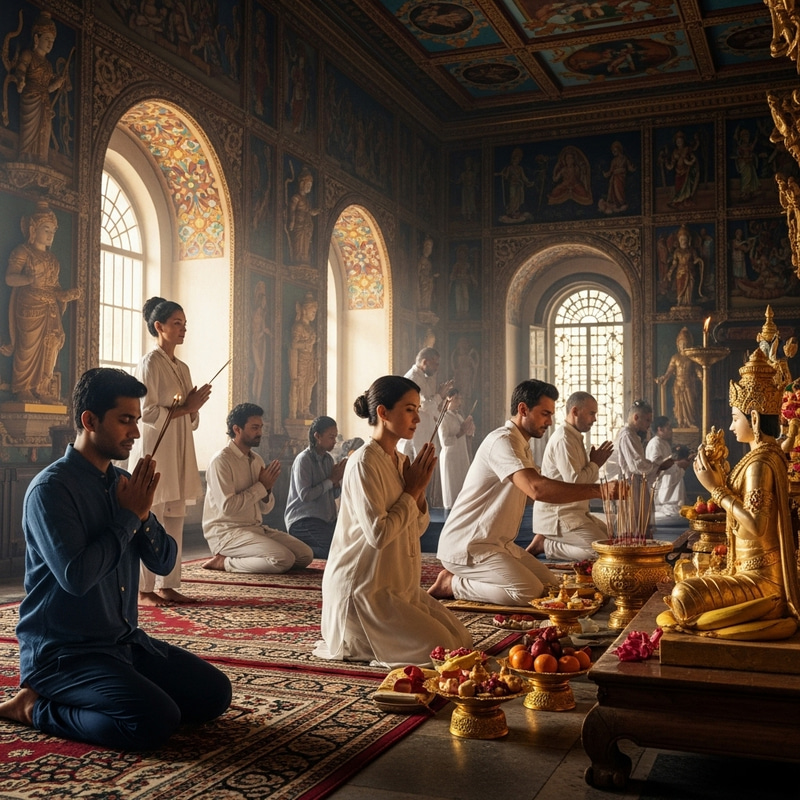 Visitors Worshiping and Praying at Temple | Serene Religious Rituals