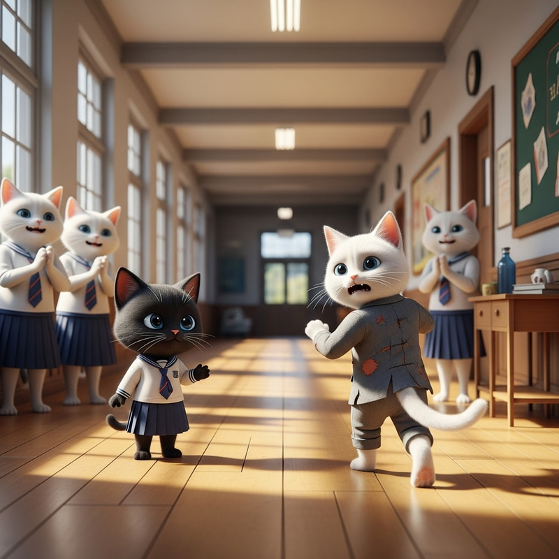 Startled White Cat Flees Black British Cat in School Corridor Startled White Cat Flees Black British Cat in School Corridor