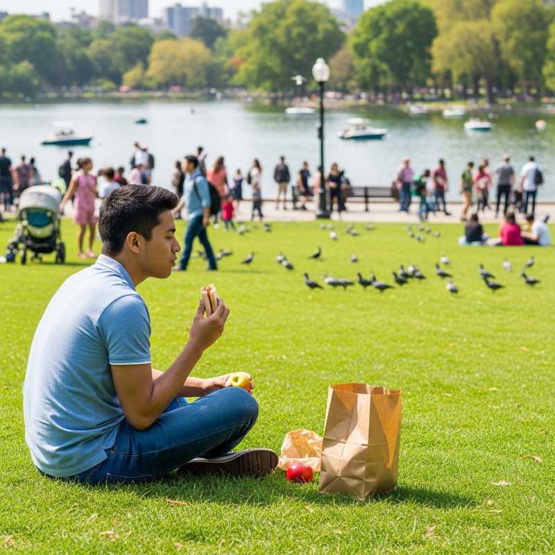 Man Enjoying Lunch by Lake in Busy Park