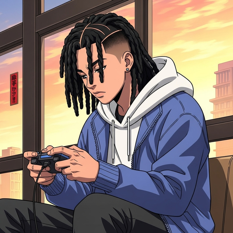 Hispanic Boy with Twists Hair Playing Video Games in Bright Anime Style