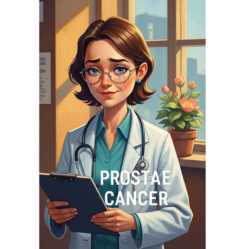 Emotional Prostate Cancer Book Cover with Cartoon Female Doctor Emotional Prostate Cancer Book Cover with Cartoon Female Doctor