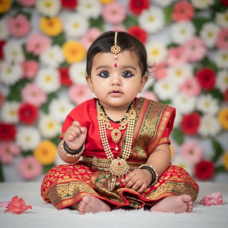 Precious Baby Girl as Mata Laxmi, Traditional Jewelry, Floral Backdrop