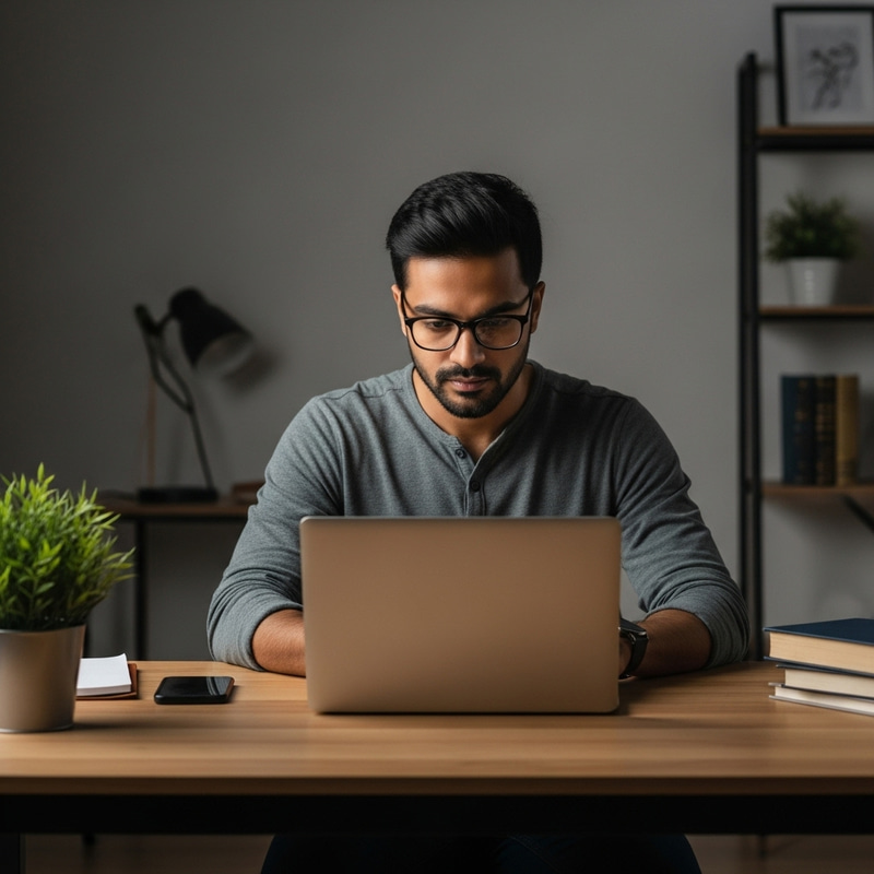 Focused South Asian Solopreneur Working Late at Home Office