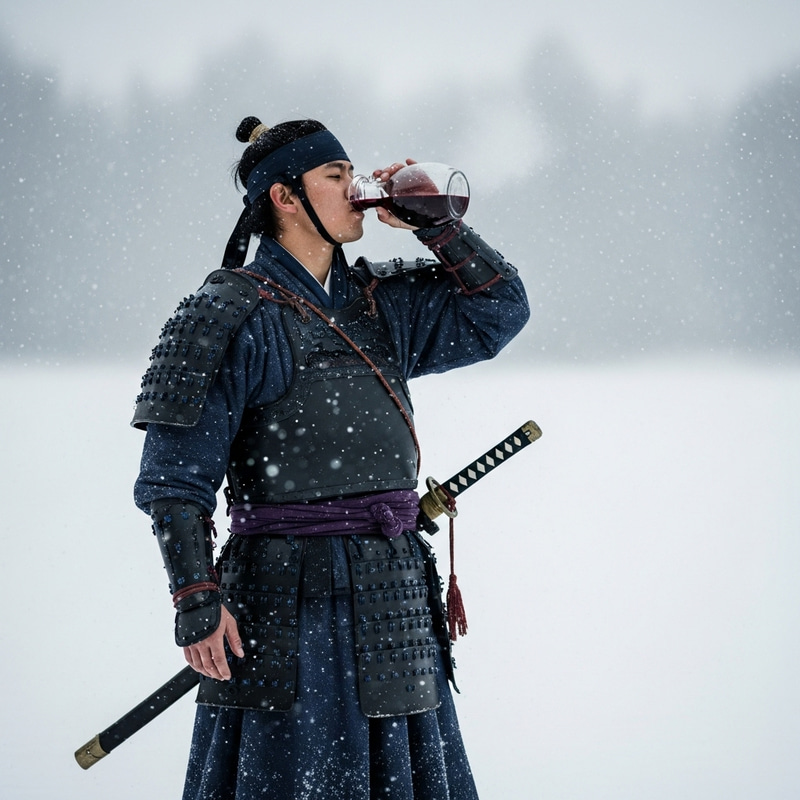 Asian Warrior Holds Wine Jug in Snowstorm | Serene Winter Image Asian Warrior Holds Wine Jug in Snowstorm | Serene Winter Image