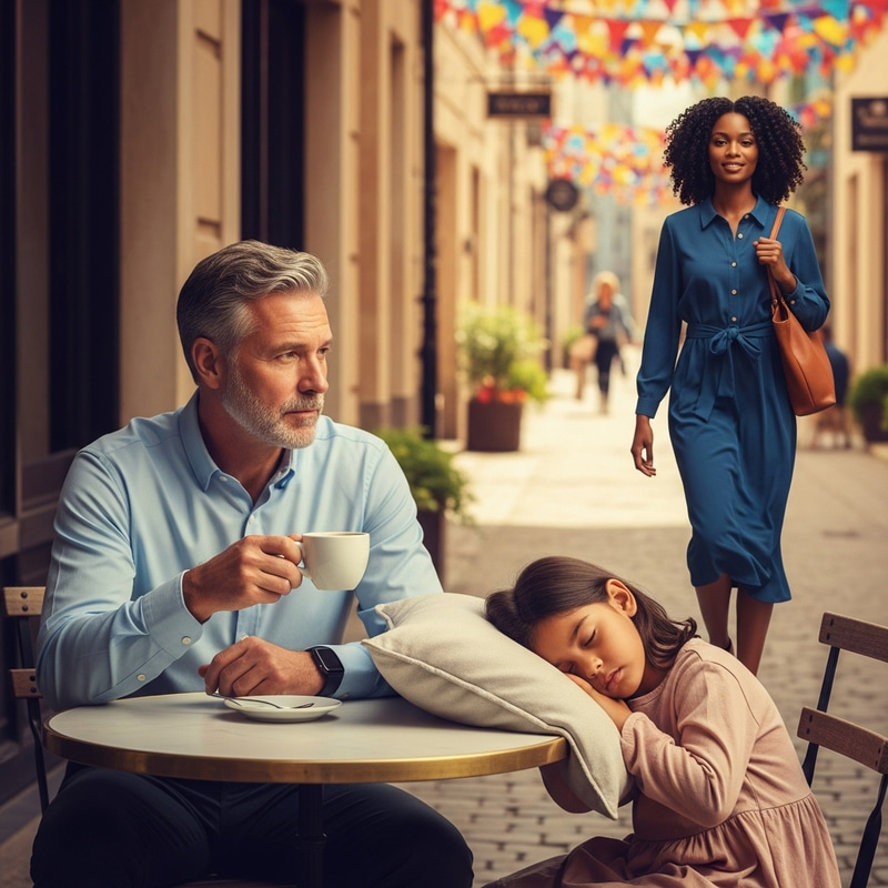 Tranquil Café Scene with Peaceful Napping, Confident Woman, and Serene Beauty Tranquil Café Scene with Peaceful Napping, Confident Woman, and Serene Beauty