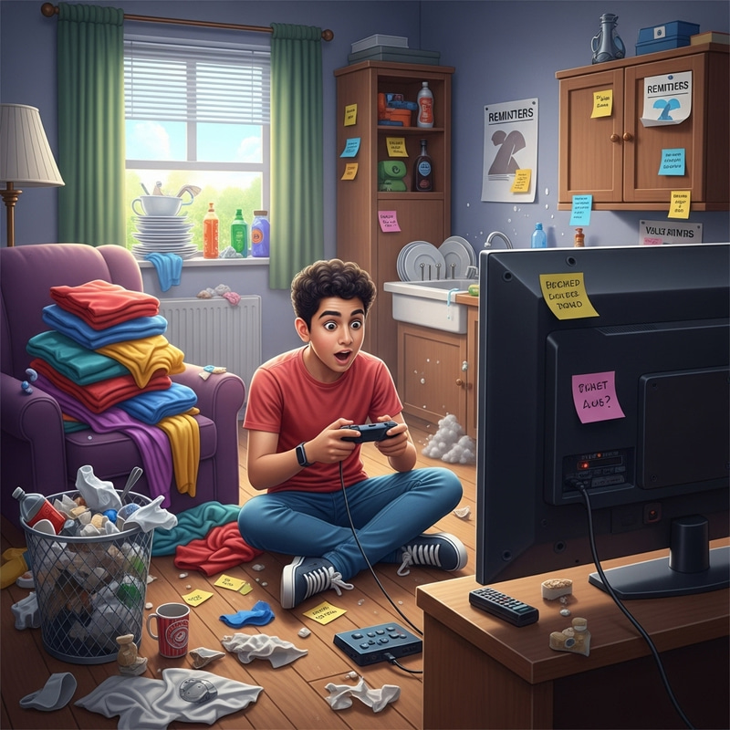 Neglecting Chores in Digital Adventure Chaos Scene Neglecting Chores in Digital Adventure Chaos Scene