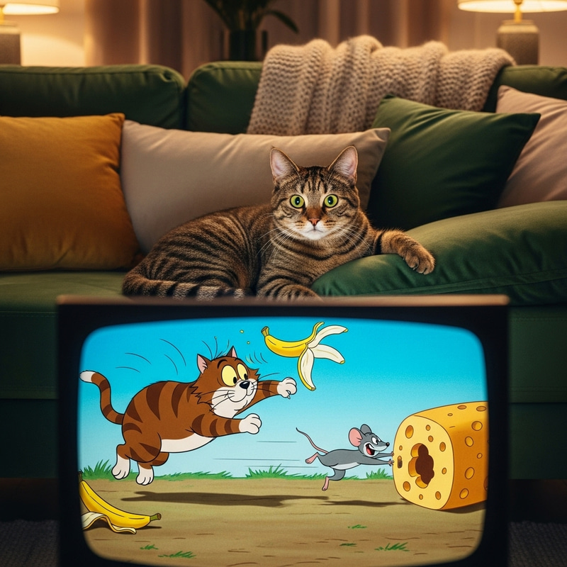 Cat Watching Tom & Jerry on Plush Sofa Cat Watching Tom & Jerry on Plush Sofa