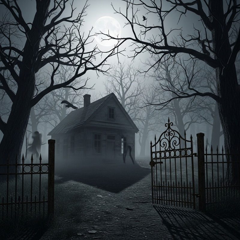 Eerie Forest at Full Moon: Abandoned House & Iron Gate Eerie Forest at Full Moon: Abandoned House & Iron Gate