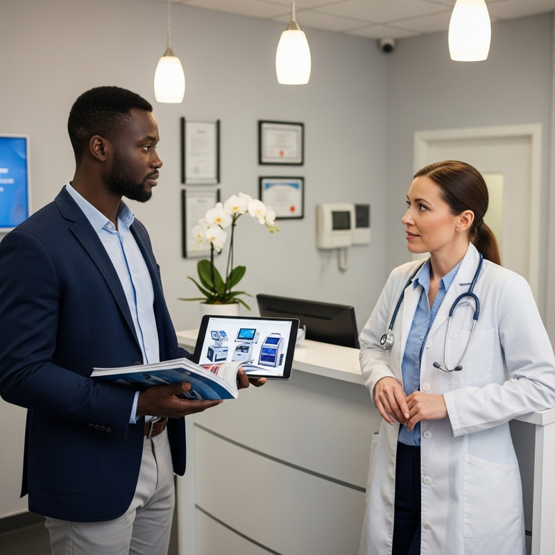 Black Sales Rep Engaged in Discussion with Doctor