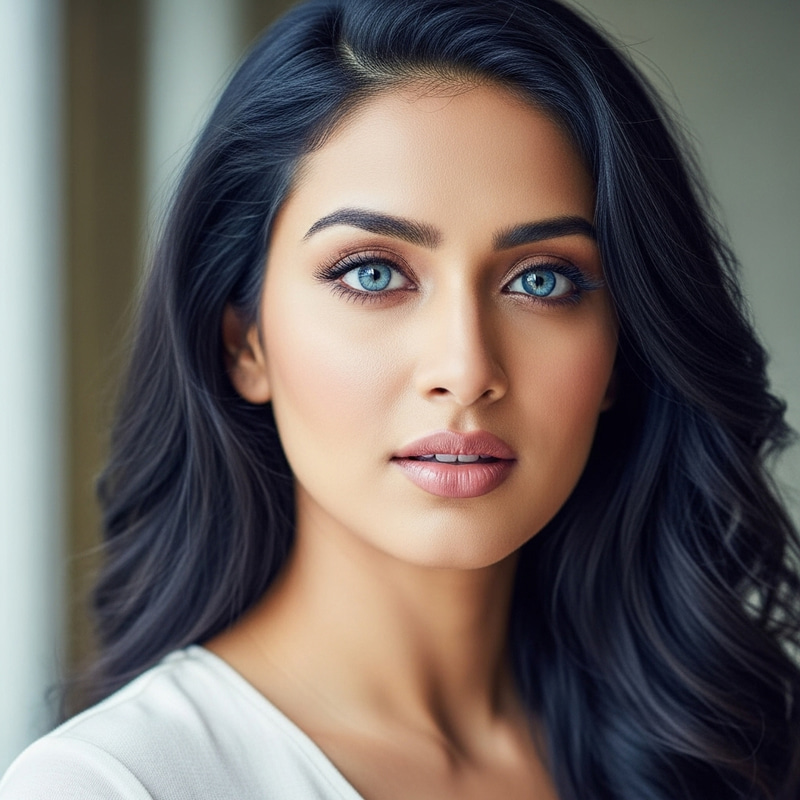 Graceful South Asian Woman with Blue Eyes and Dark Long Hair