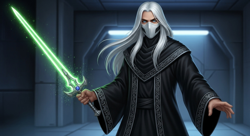 Male Warrior in Black Robe with Green Lightsaber