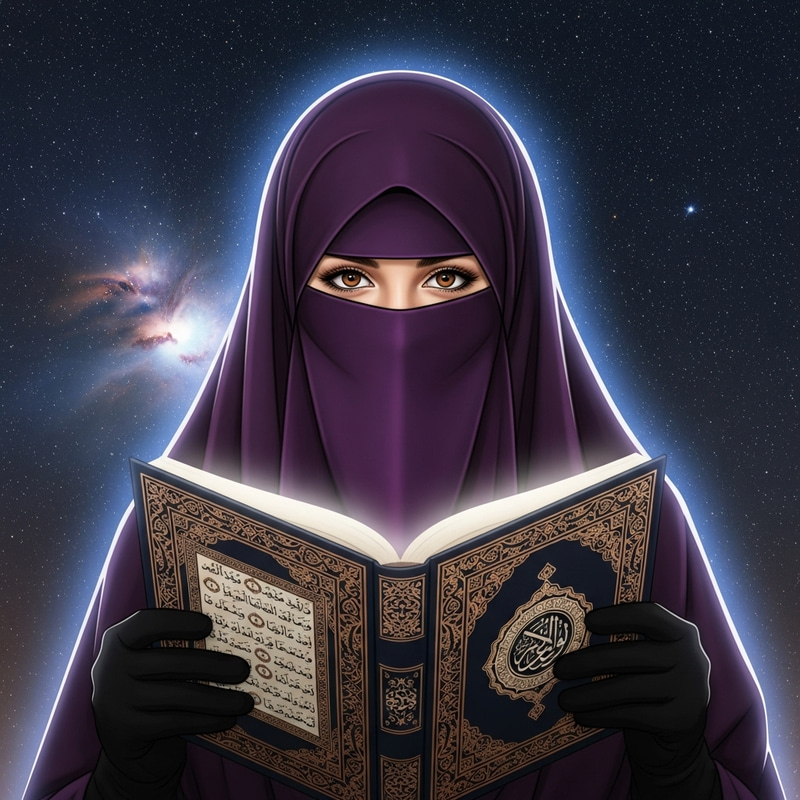 Starry Night Muslim Woman: Striking Eyes, Open Quran Starry Night Muslim Woman: Striking Eyes, Open Quran