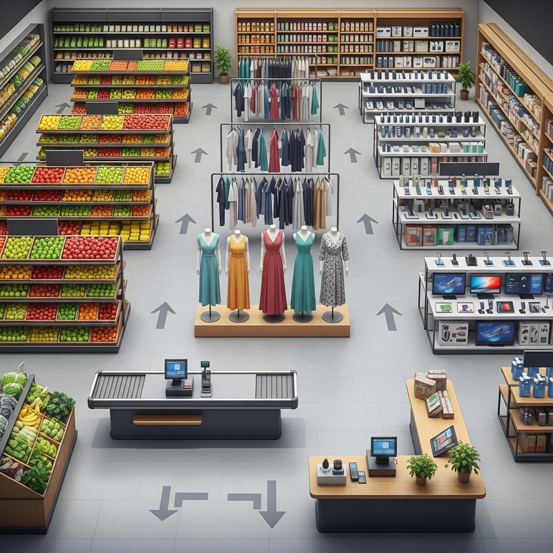 Vibrant Store Layout for Grocery, Clothing & Electronics Vibrant Store Layout for Grocery, Clothing & Electronics