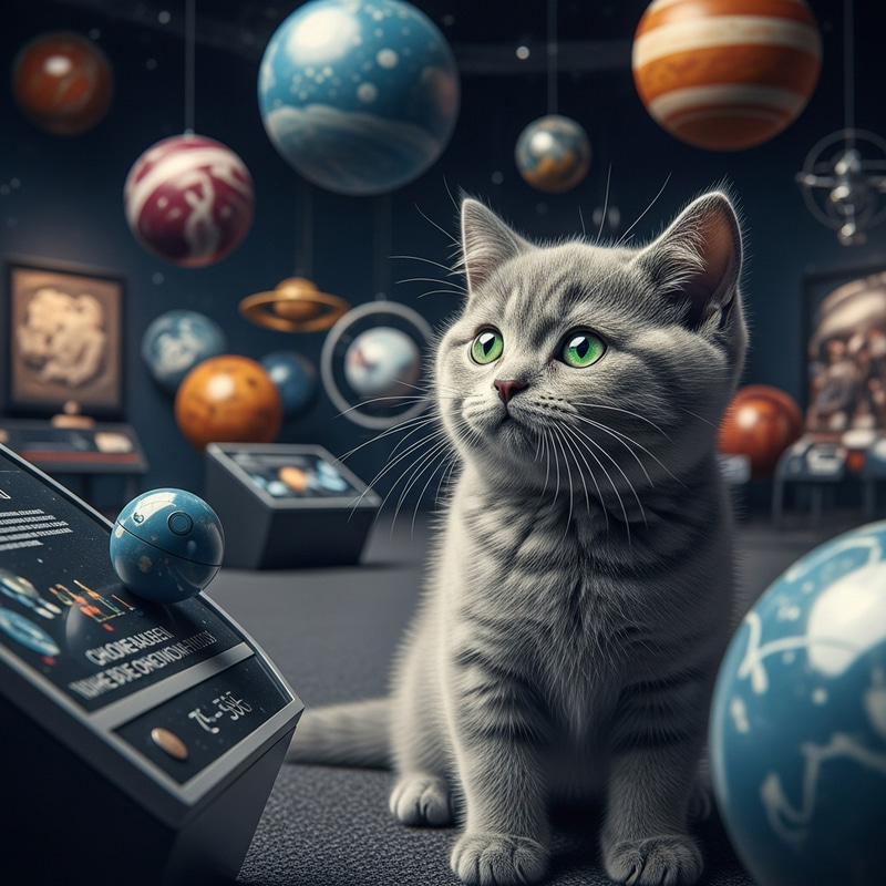 Hyperrealistic Scene: Grey British Shorthair Kitten in Space Museum Hyperrealistic Scene: Grey British Shorthair Kitten in Space Museum