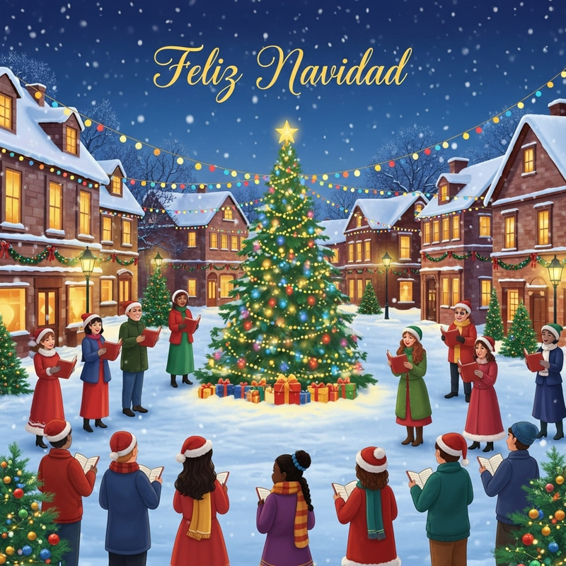 Festive Christmas Card with Snow-Covered Town and Carolers Festive Christmas Card with Snow-Covered Town and Carolers