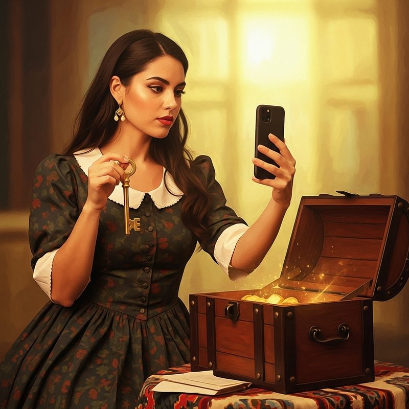 Vintage Impressionist Adventure: Hispanic Woman with Golden Key Vintage Impressionist Adventure: Hispanic Woman with Golden Key