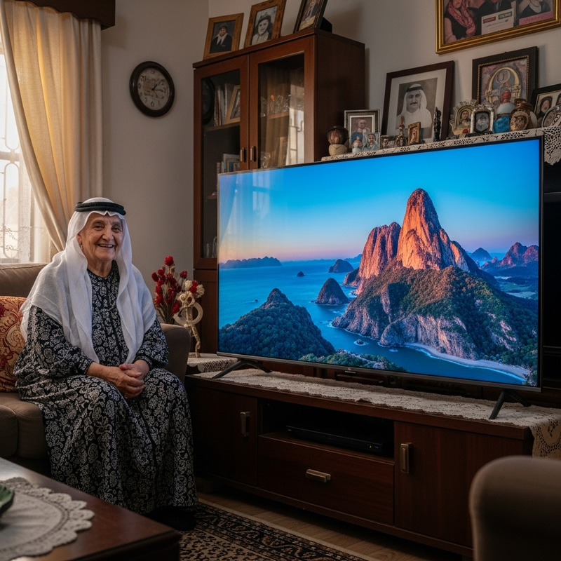 Heartwarming Middle-Eastern Grandmother with Large Modern TV Heartwarming Middle-Eastern Grandmother with Large Modern TV