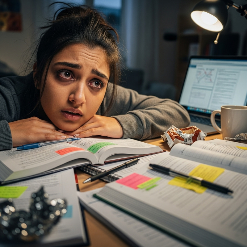 Young Student Lost in Books, Seeking Help | Realistic Style Young Student Lost in Books, Seeking Help | Realistic Style