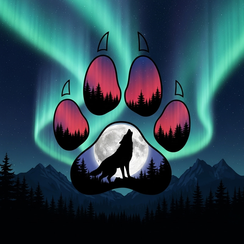 Paw Print with Howling Wolf Silhouette and Aurora Borealis Drawing Paw Print with Howling Wolf Silhouette and Aurora Borealis Drawing