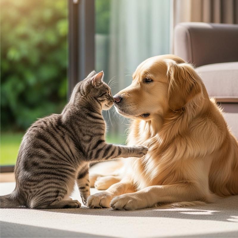 Grey Tabby Cat and Golden Retriever - Heartwarming Friendship Scene