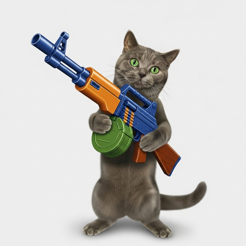 Whimsical Cat with Oversized Machine Gun Art Whimsical Cat with Oversized Machine Gun Art