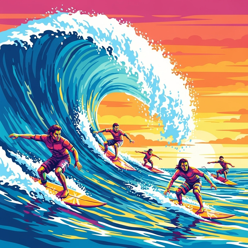 Diverse Maori, Phillipines, Vietnamese & Polynesian Surfers in Pop Art Wave Diverse Maori, Phillipines, Vietnamese & Polynesian Surfers in Pop Art Wave