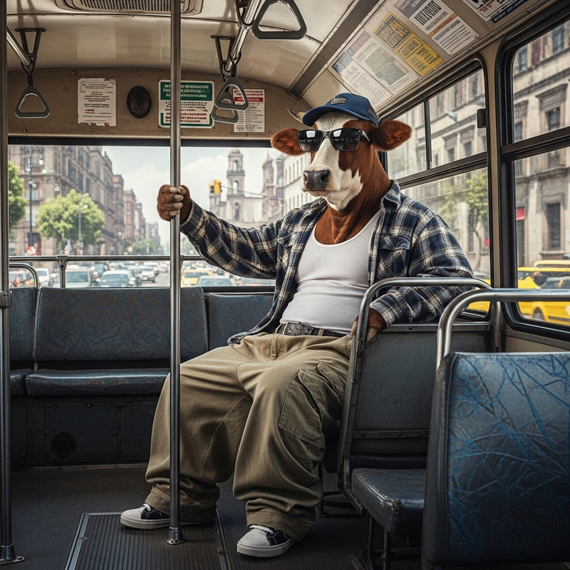 Cow in Cholo Pants and Cap Riding Mexico City Bus | CDMX Cow in Cholo Pants and Cap Riding Mexico City Bus | CDMX