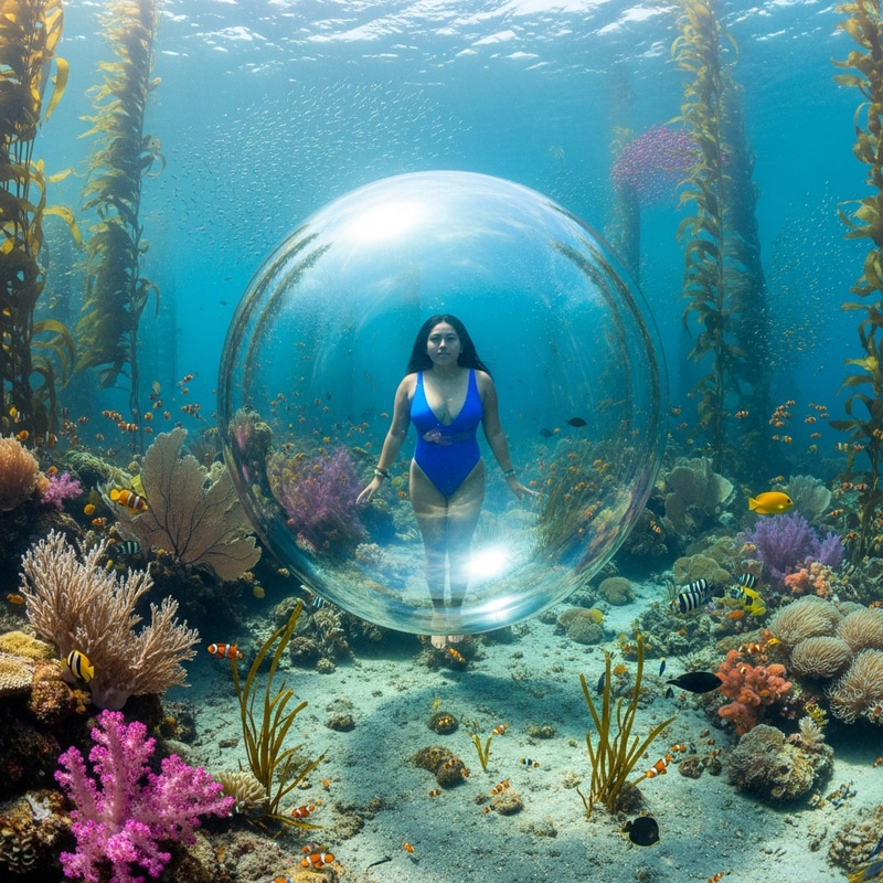Hispanic Woman in Swimsuit Submerged in Underwater Bubble Hispanic Woman in Swimsuit Submerged in Underwater Bubble