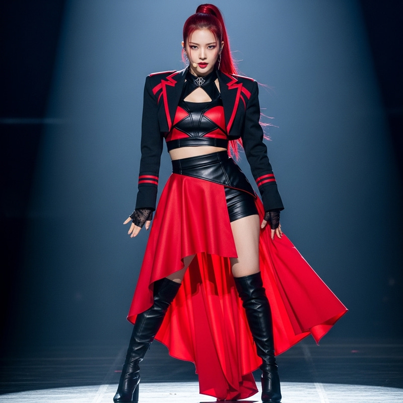 Trendy K-Pop Girl Idol Costume in Red and Black
