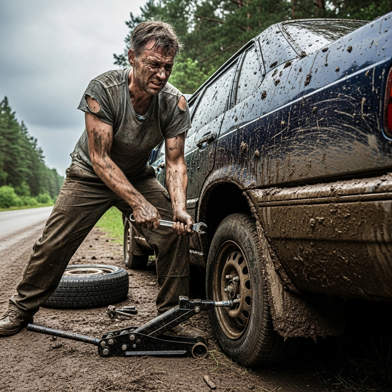 Mud-Covered Man Changing a Flat Tire Mud-Covered Man Changing a Flat Tire