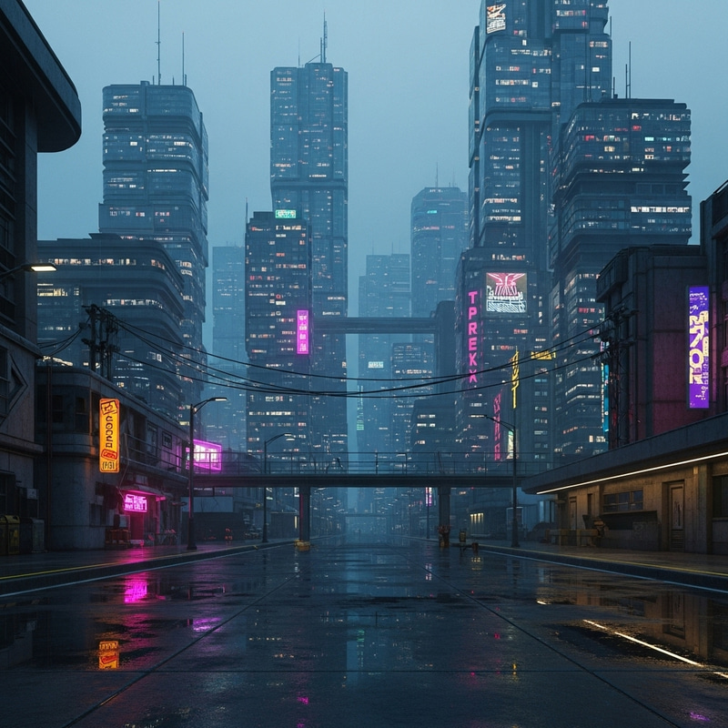 Cyberpunk Futuristic Cityscape at Dusk with Neon Lights Reflection Cyberpunk Futuristic Cityscape at Dusk with Neon Lights Reflection