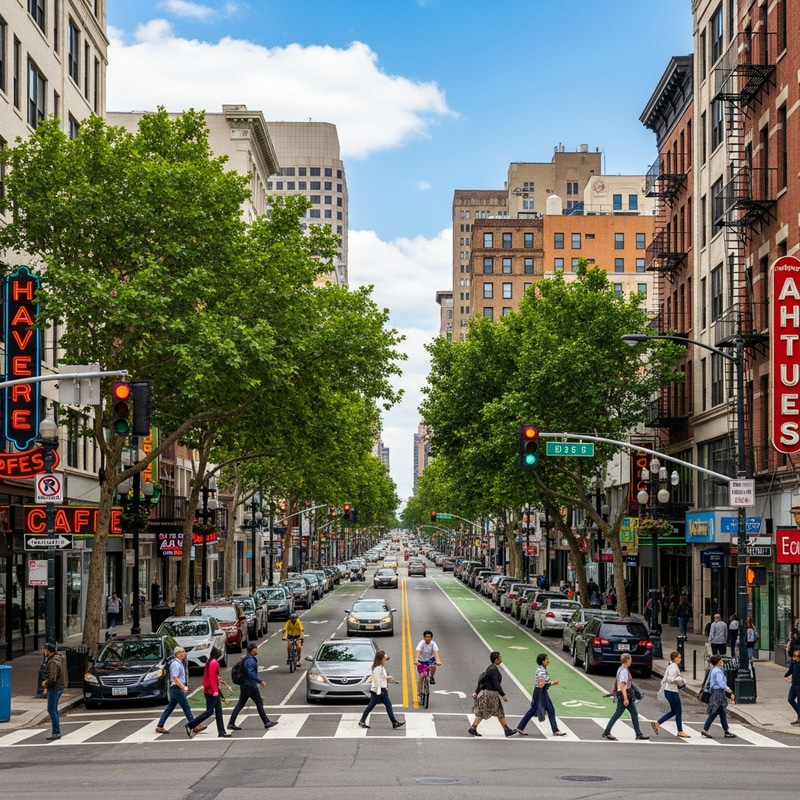 Vibrant Streetscape: Urban Architecture, Lush Greenery, Active Diversity