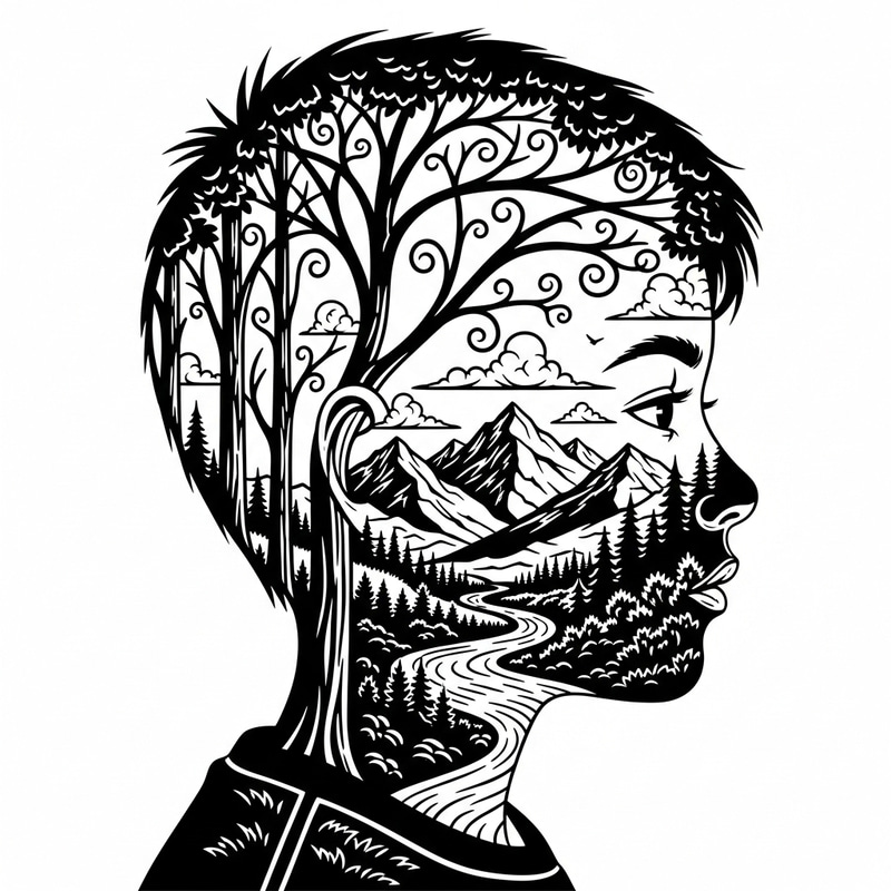 Black and White Stencil Art: Boy's Face Nature Scene Black and White Stencil Art: Boy's Face Nature Scene