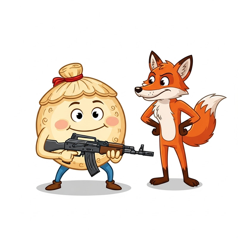 Action-Packed Kolobok Character with Automatic Weapon and Fox Action-Packed Kolobok Character with Automatic Weapon and Fox