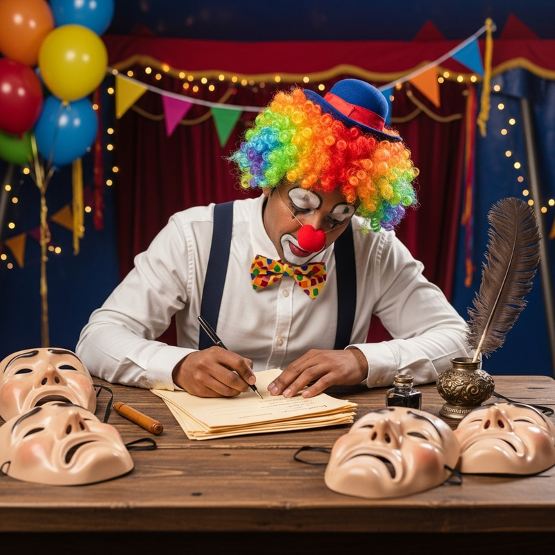 Engrossed South Asian Clown Writing Script in Colorful Circus Setting