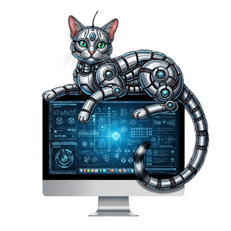 Very Cute Cyborg Cat on Computer - Futuristic Feline Scene Very Cute Cyborg Cat on Computer - Futuristic Feline Scene