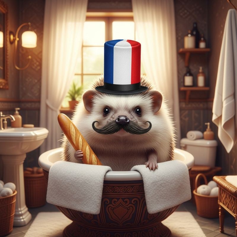 Quirky Hedgehog with Mustache in French Bathroom