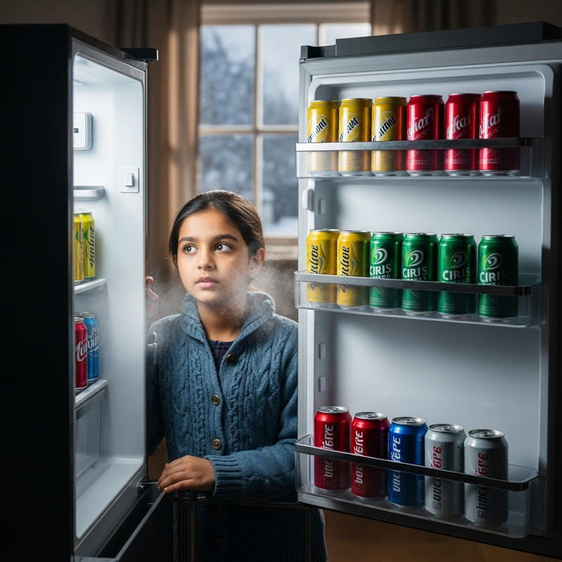 Chilly Winter Scene: Girl Discovers Fridge Packed with Cold Drinks Chilly Winter Scene: Girl Discovers Fridge Packed with Cold Drinks