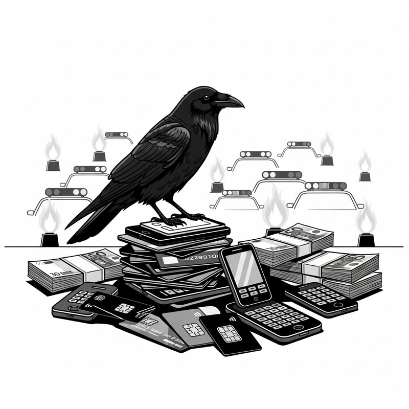 Sleek Black Raven on Bank Cards and Phones - Fraud Theme Scene Sleek Black Raven on Bank Cards and Phones - Fraud Theme Scene