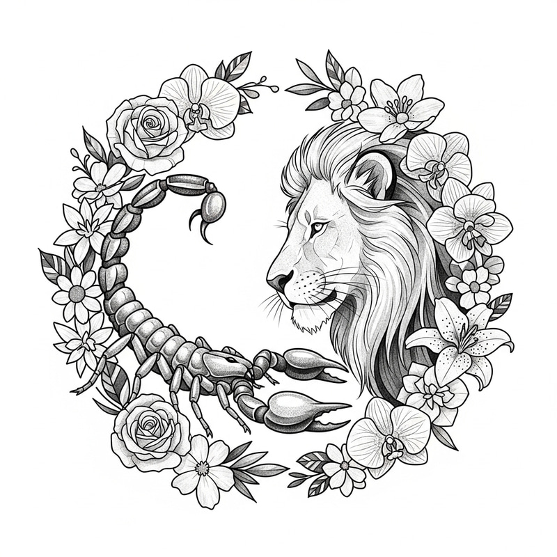 Peaceful Scorpion and Lion Love Tattoo with Flower Circle Peaceful Scorpion and Lion Love Tattoo with Flower Circle