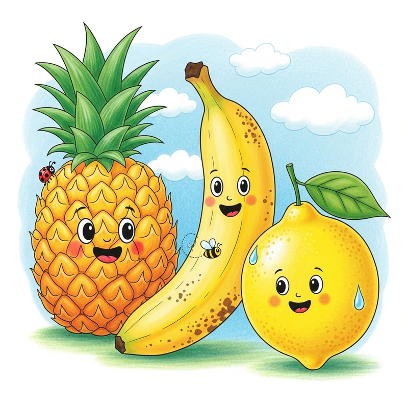 Fruit Drawings for Kids: Pineapple, Banana, Lemon | Child-Friendly Design
