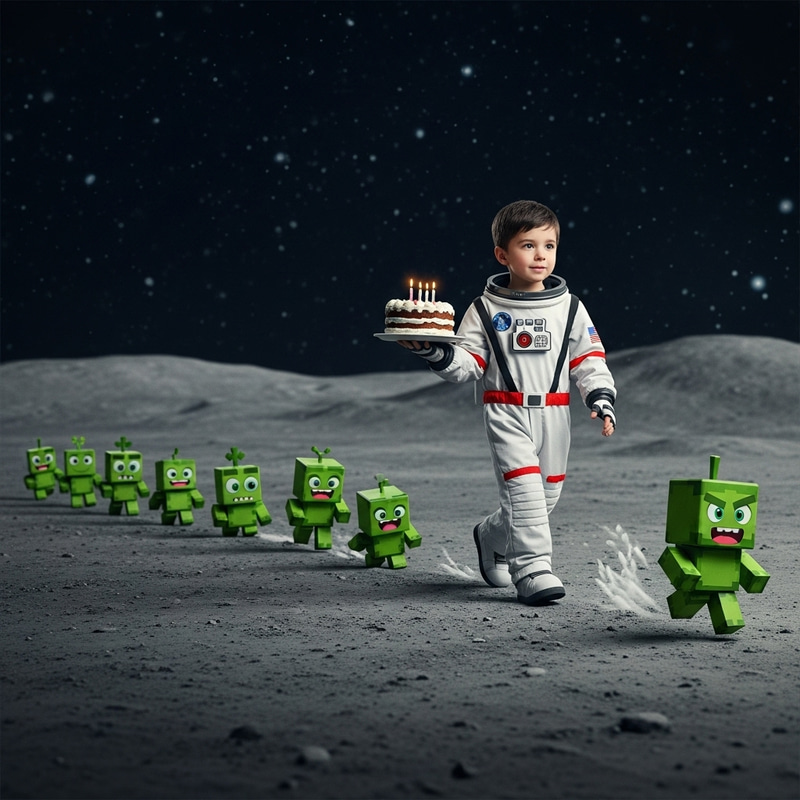 6-Year-Old Boy's Fun Space Adventure on Moon with Birthday Cake 6-Year-Old Boy's Fun Space Adventure on Moon with Birthday Cake