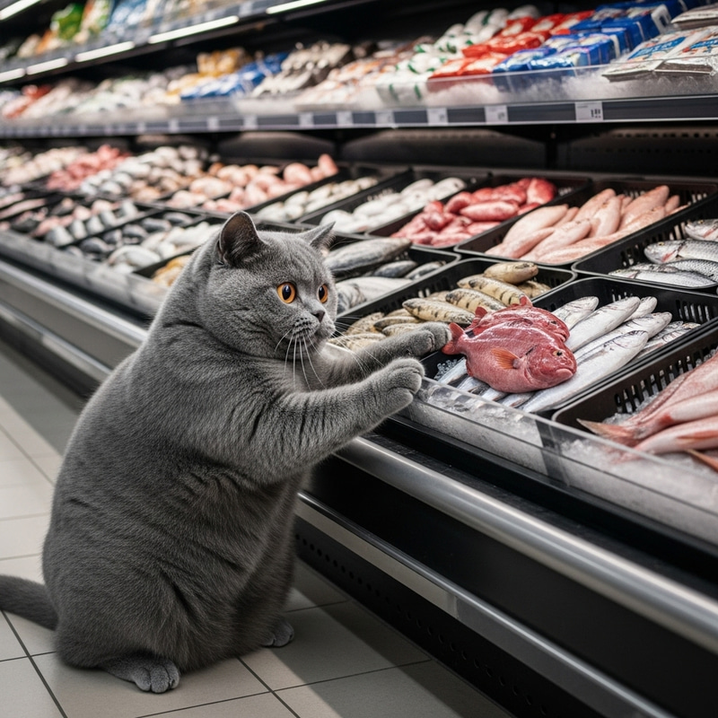 Chunky Gray British Shorthair Cat in Supermarket with Fresh Fish