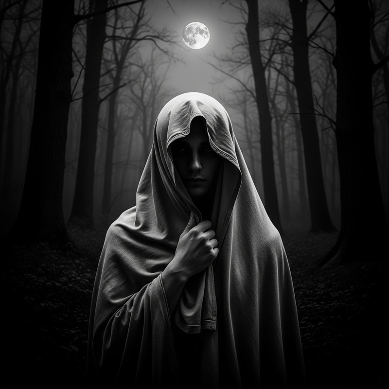 Mysterious Cloaked Figure in Moonlit Forest