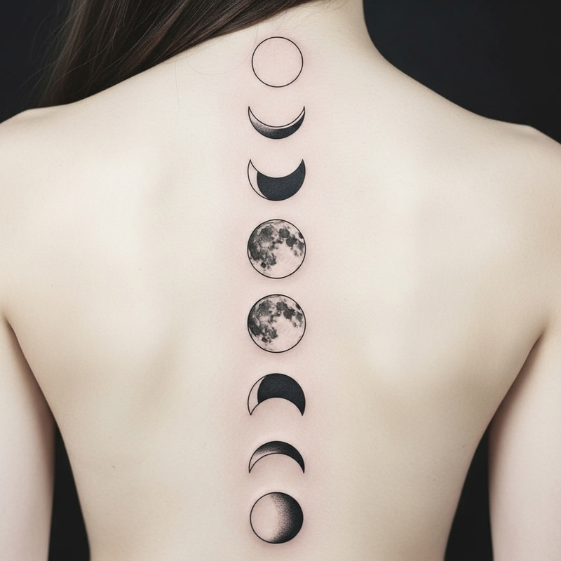 Spine Tattoo: Moon Phases in Minimalistic Style