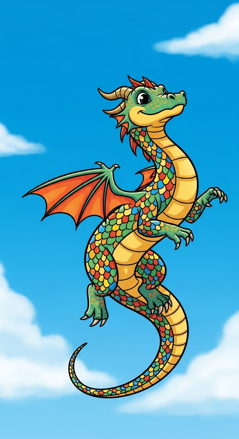 Playful Serpentine Dragon Soaring in Vibrant Blue Sky