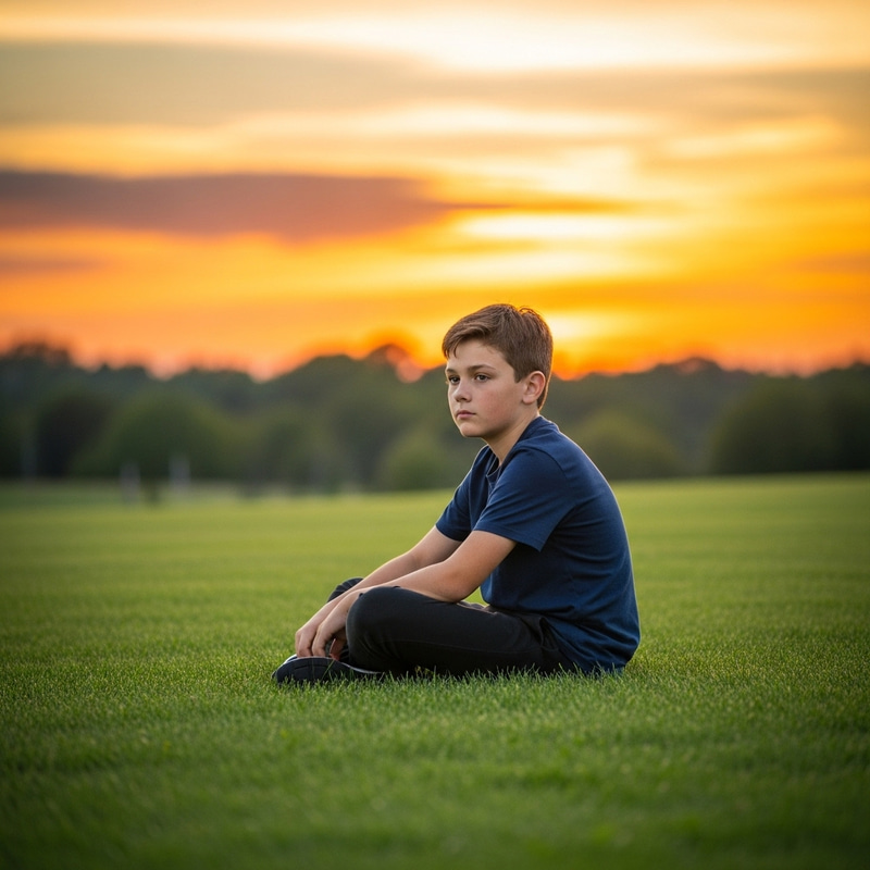 Golden Hour Sunset Portrait: Young Boy Relaxed in Nature Golden Hour Sunset Portrait: Young Boy Relaxed in Nature